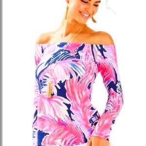 Lilly Pulitzer Womens Pink Purple Tropical Feather Off Shoulder Top Medium